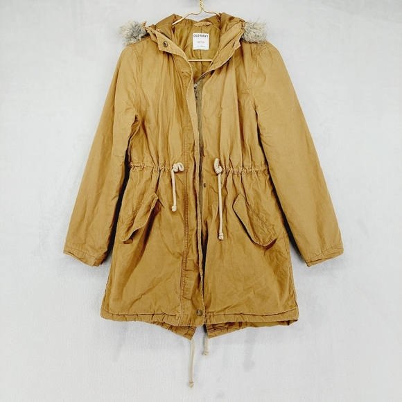 Old Navy Cinch Waist Canvas Fur Caramel Hoodie Anorak Jacket Z26 - Picture 2 of 9
